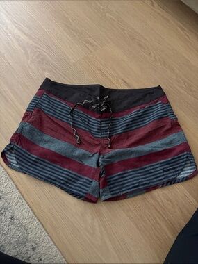 Patagonia Women's Striped Burgundy and Gray Drawstring Shorts